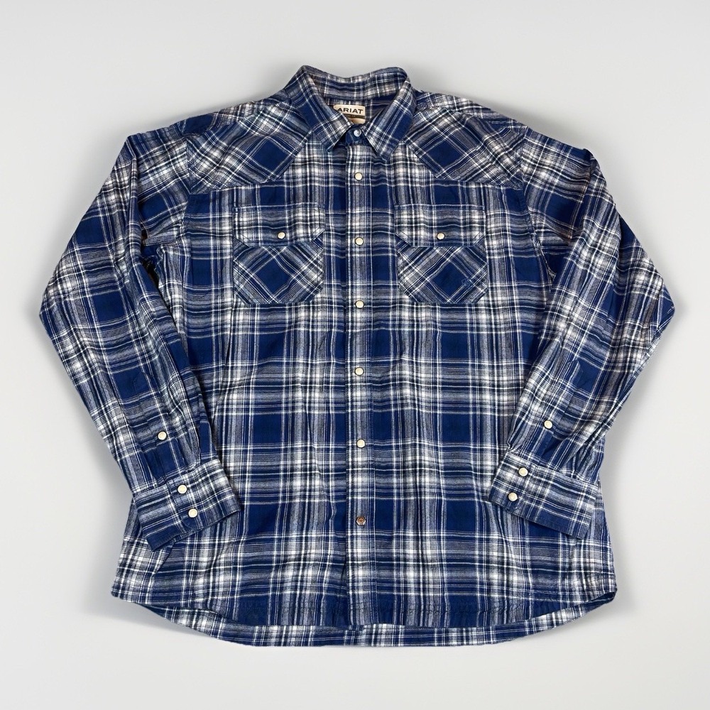 ARIAT Long Sleeve Button Up Retro Fit Blue Plaid Flannel Pearl Snap Shirt Men XL